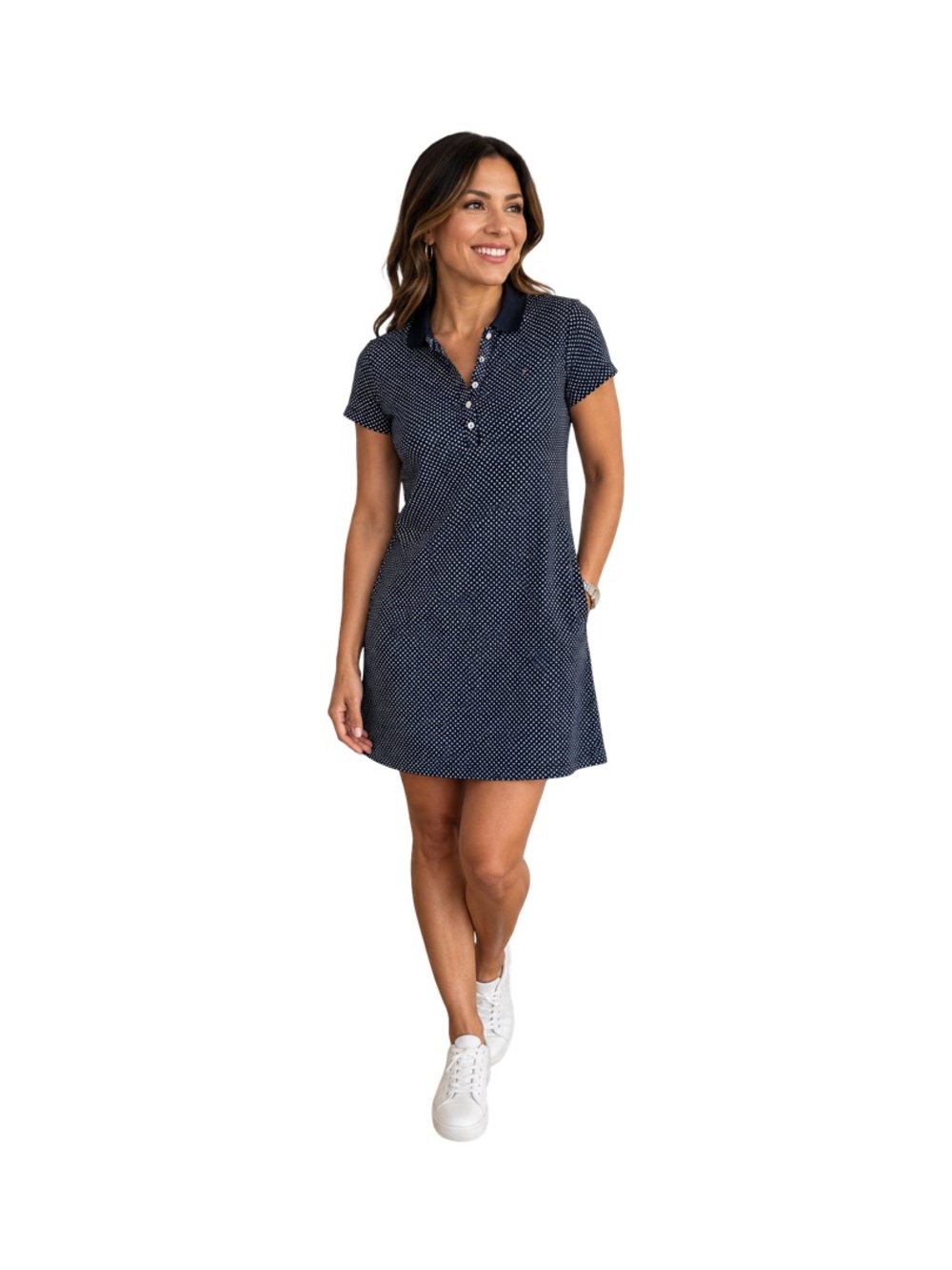 Tommy Hilfiger Preppy,  Chic, Golf, Navy Blue Dotted Collar, Cotton Polo Dress M